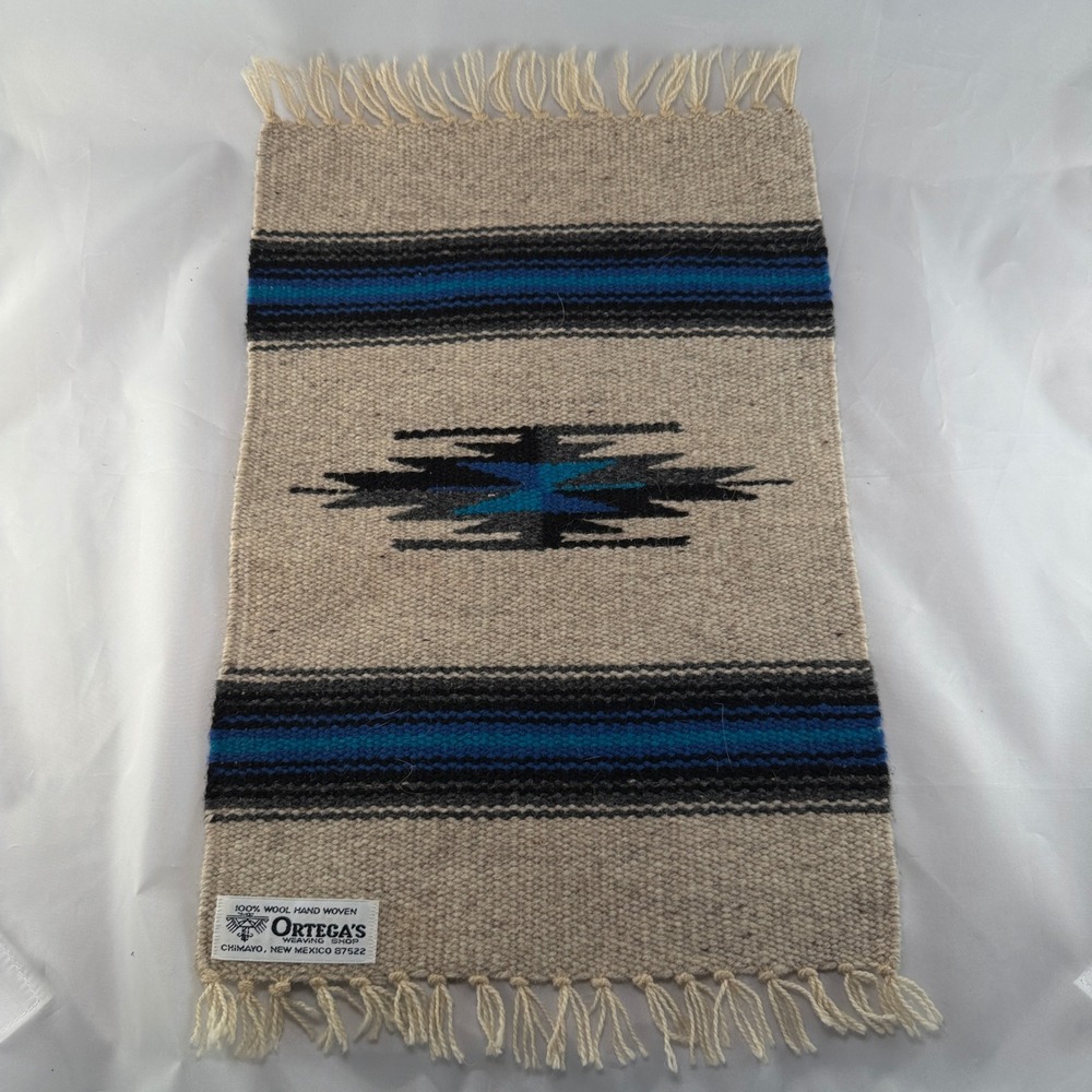 Vtg Ortega's Chimayo Hand Woven Wool Table Mat 10x15 Blue Southwestern Boho Rug